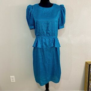 Vintage 80s D.J. U.S.A. Teal Peplum Dress Puff Sleeve Textured Sheath Large